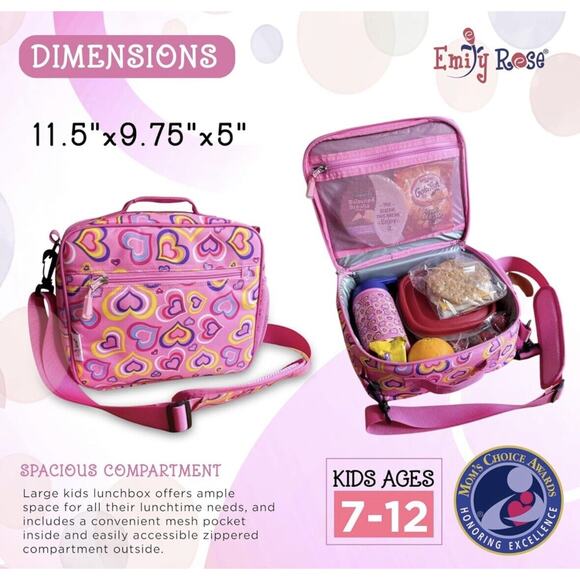 NEW Emily Rose Lunch Box W/ Strap Pink Playful Hearts Stainless Water Bottle - Picture 2 of 4